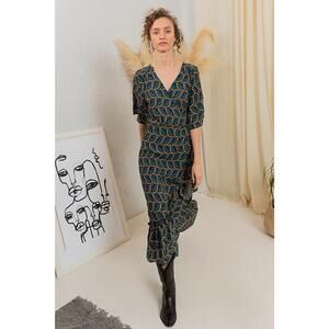 Silk & Salt Standout Comfortable Wrap Dress Green And Blue Side S 100% Viscose